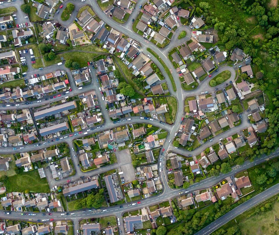 Aerial view of a suburb and modern living